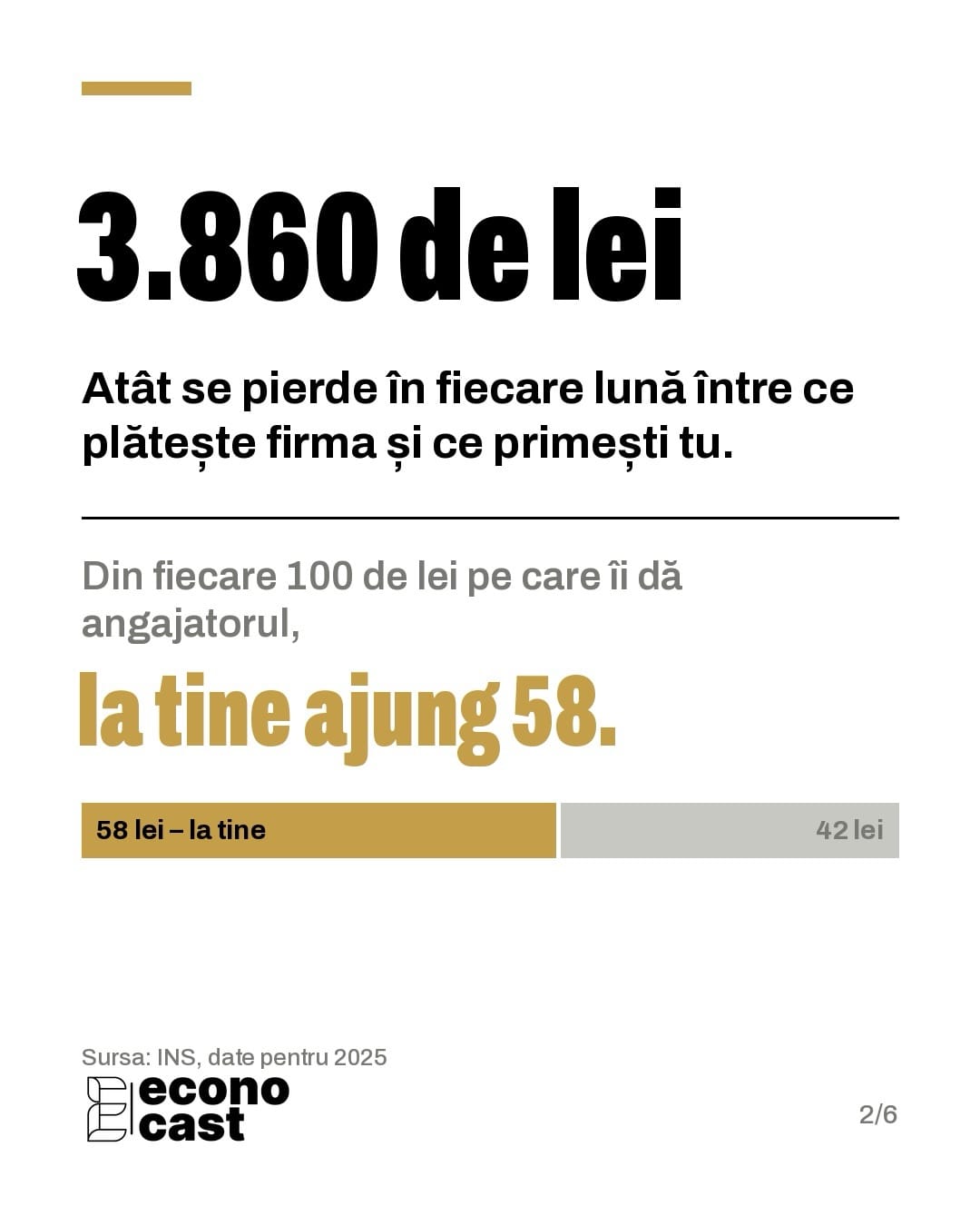 3.860 de lei se pierd în fiecare lună între ce plătește firma și ce primește salariatul: din fiecare 100 de lei, la angajat ajung 58.