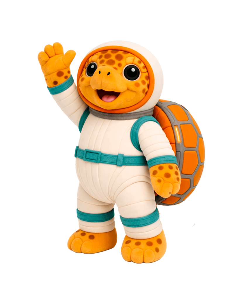 Turquoise, mascota IAC 2026: o țestoasă marină portocalie în costum de astronaut, care face cu mâna