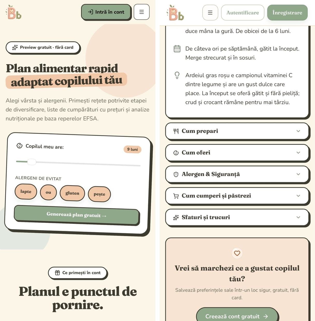 Capturi de pe bisbites.ro: generator de plan gratuit fără card și fișa unui aliment cu sfaturi
