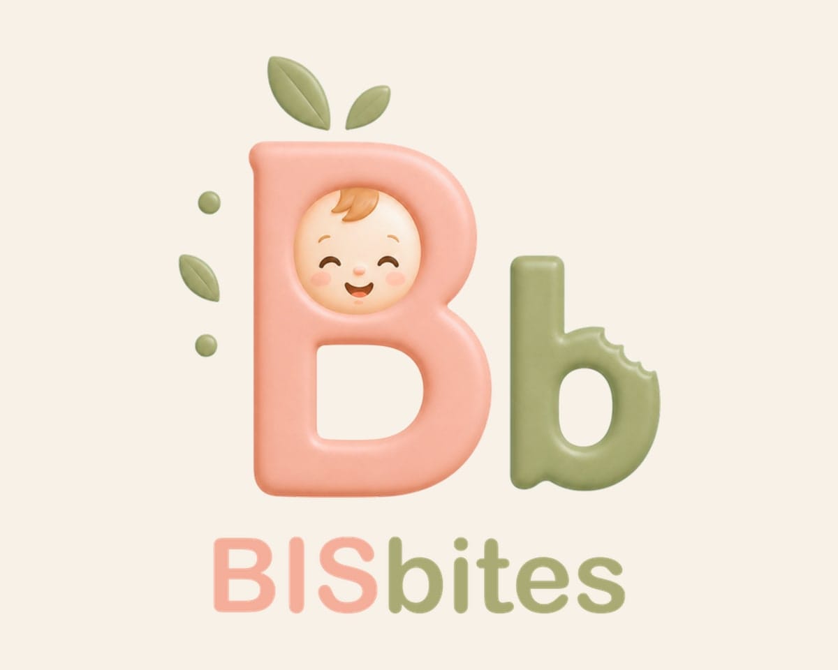 Logoul BISbites: un B mare roz cu fața unui bebeluș și un b verde mușcat, cu frunze