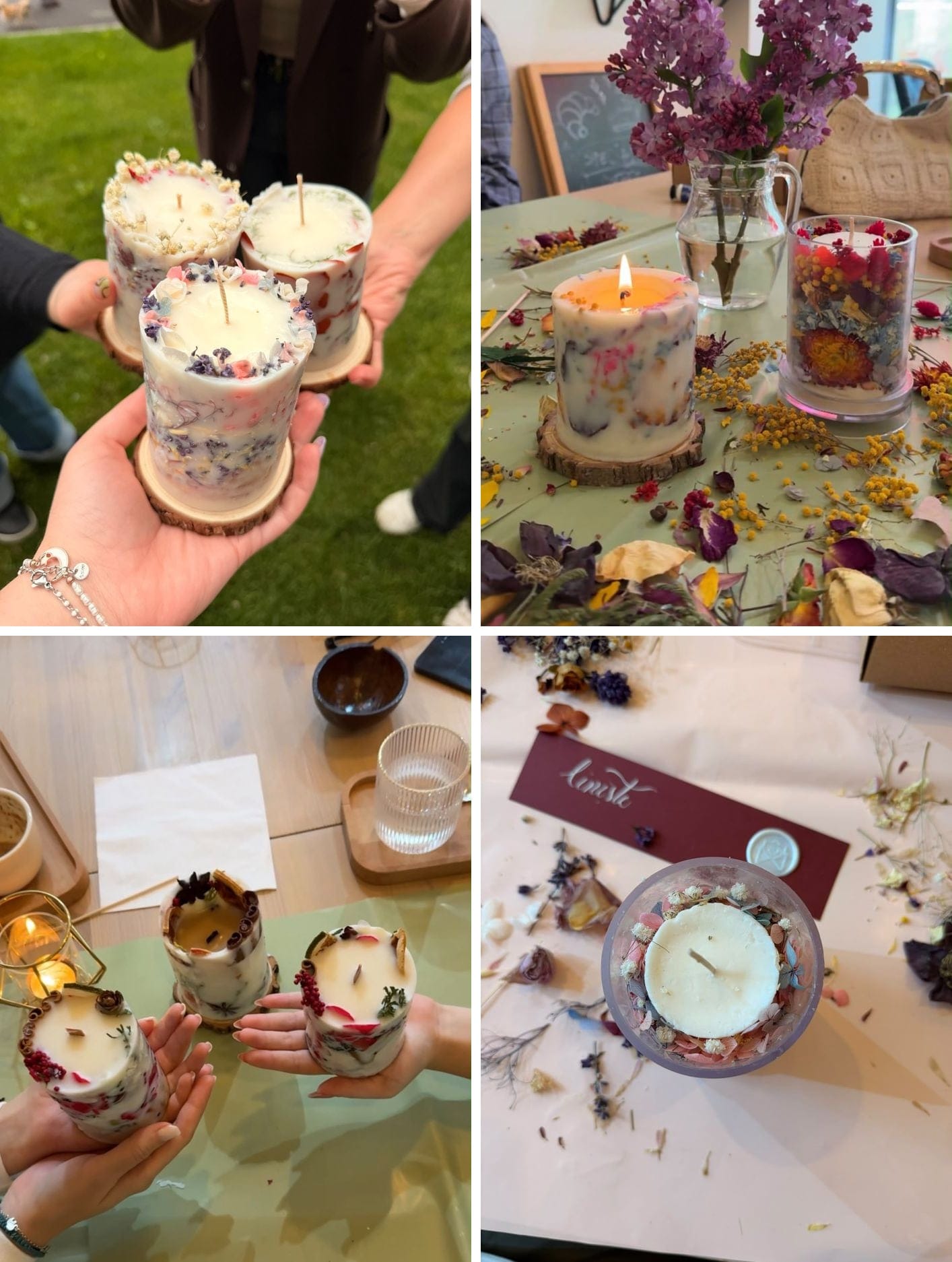 Lumânări botanice făcute la ateliere, cu flori uscate, liliac și mimoză, ținute în mâini sau așezate pe masă