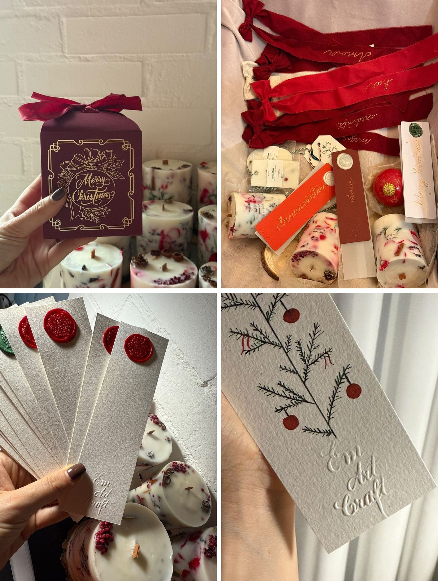 Cutie de cadou bordo cu „Merry Christmas”, lumânări cu flori roșii, panglici și cartonașe cu sigiliu din ceară roșie