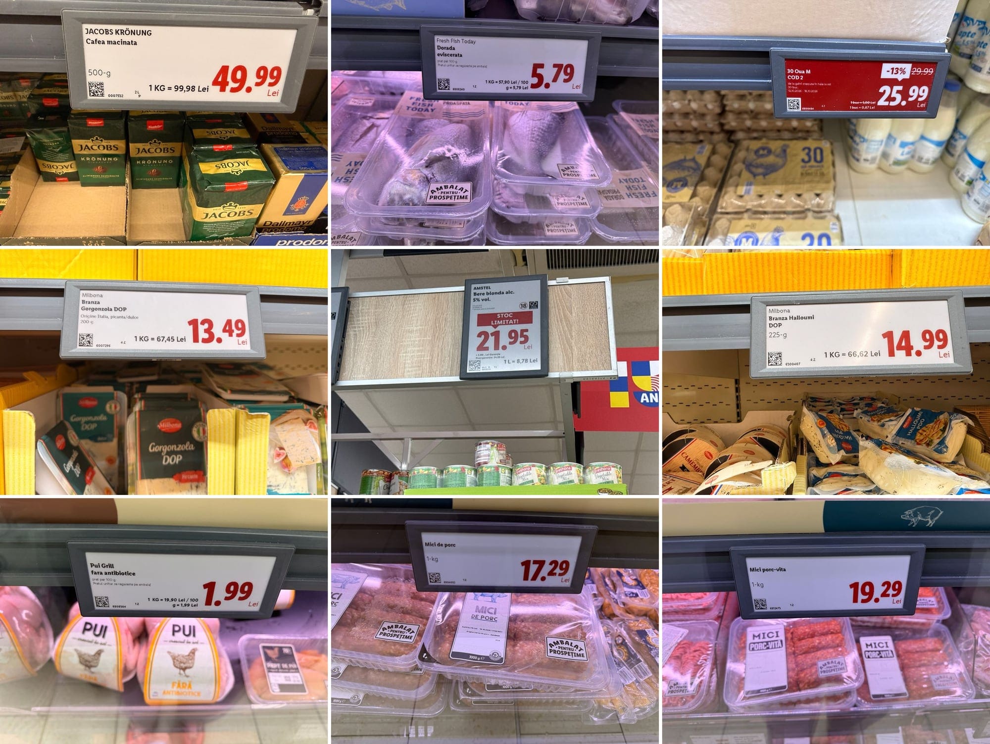 Etichete de preț la raft pentru cafea, doradă, ouă, Gorgonzola, bere Amstel, Halloumi, pui grill, mici de porc și mici porc-vită