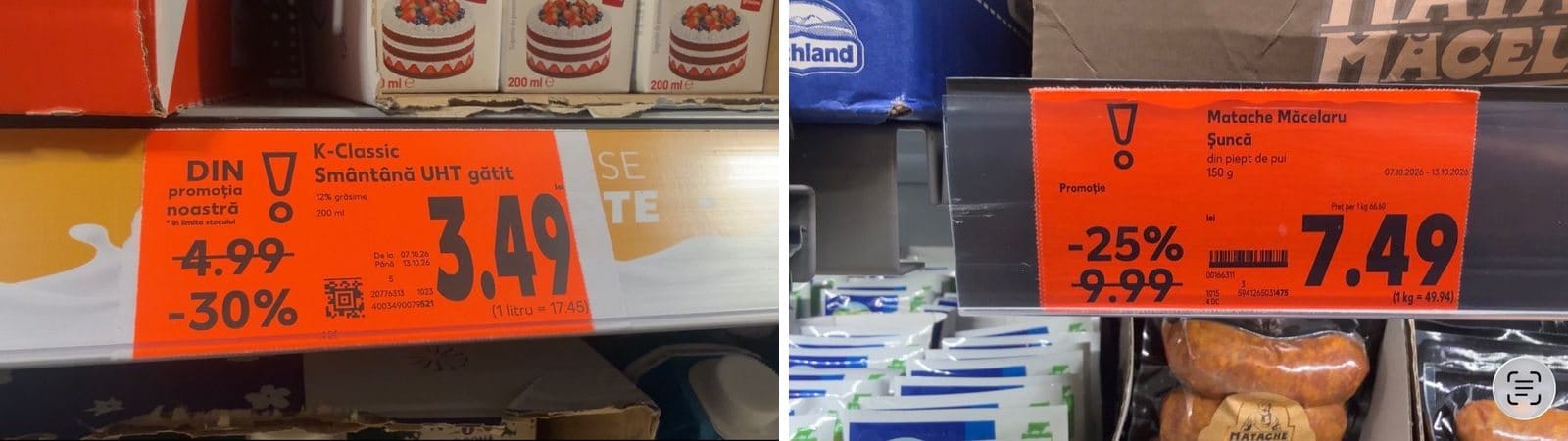 Etichete Kaufland: smântână pentru gătit redusă cu 30% și șuncă din piept de pui redusă cu 25%