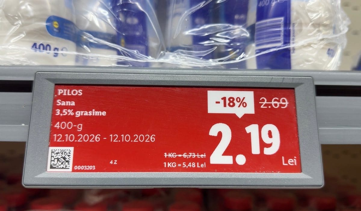 Etichetă Lidl la iaurt de băut: 2,19 lei în loc de 2,69, valabil 12.10.2026 – 12.10.2026