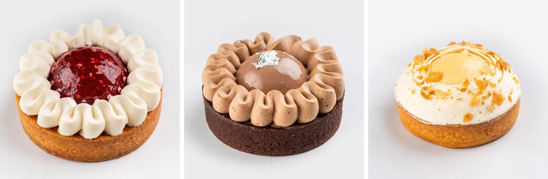 Trei tarte: cu cremă și zmeură, cu cremă de ciocolată și cu mere caramelizate