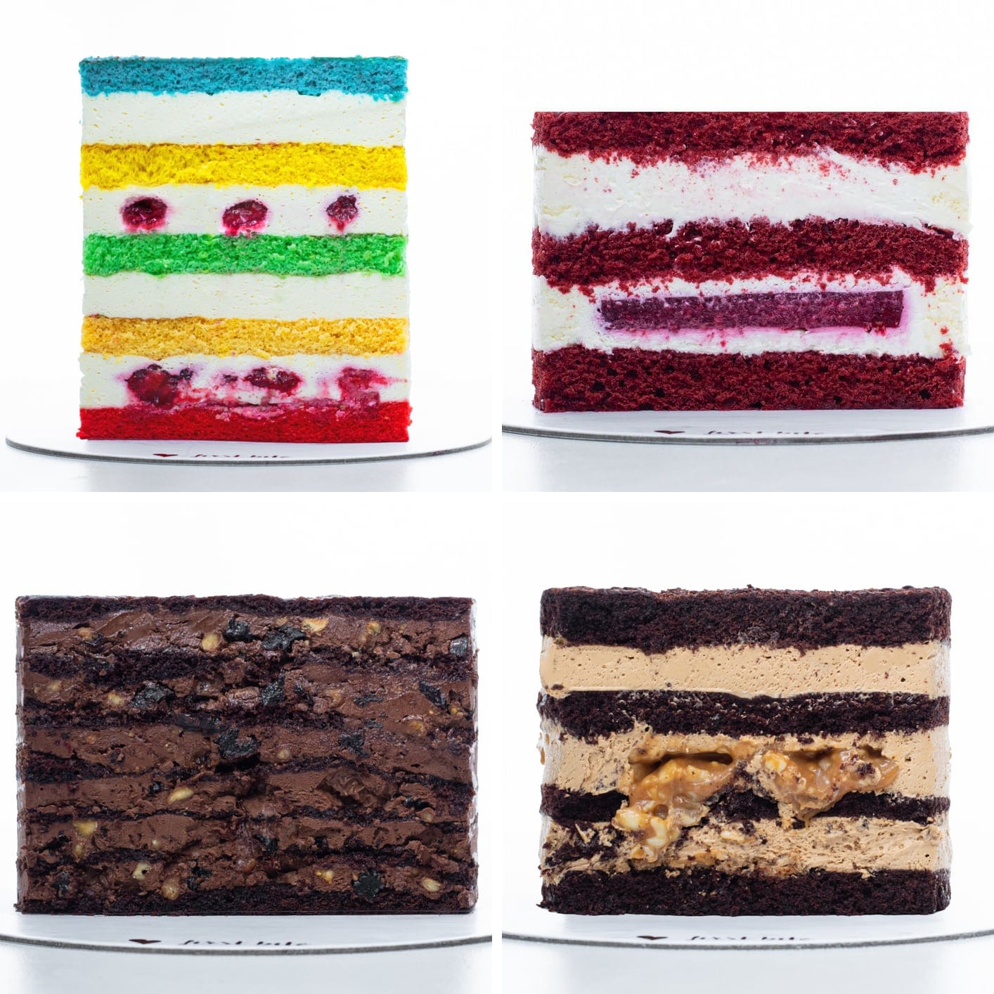 Patru torturi tăiate: unul în culorile curcubeului, un red velvet și două torturi de ciocolată cu multe straturi