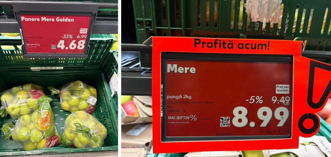 Două etichete la mere: coșuleț la 4,68 lei, 16,72 lei/kg, și pungă de 2 kg la 8,99 lei, 4,50 lei/kg