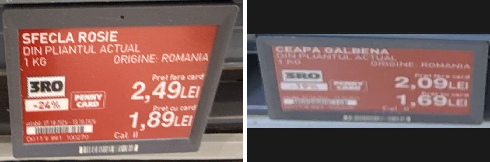 Etichete Penny pentru sfeclă roșie și ceapă galbenă, cu preț fără card și preț cu card