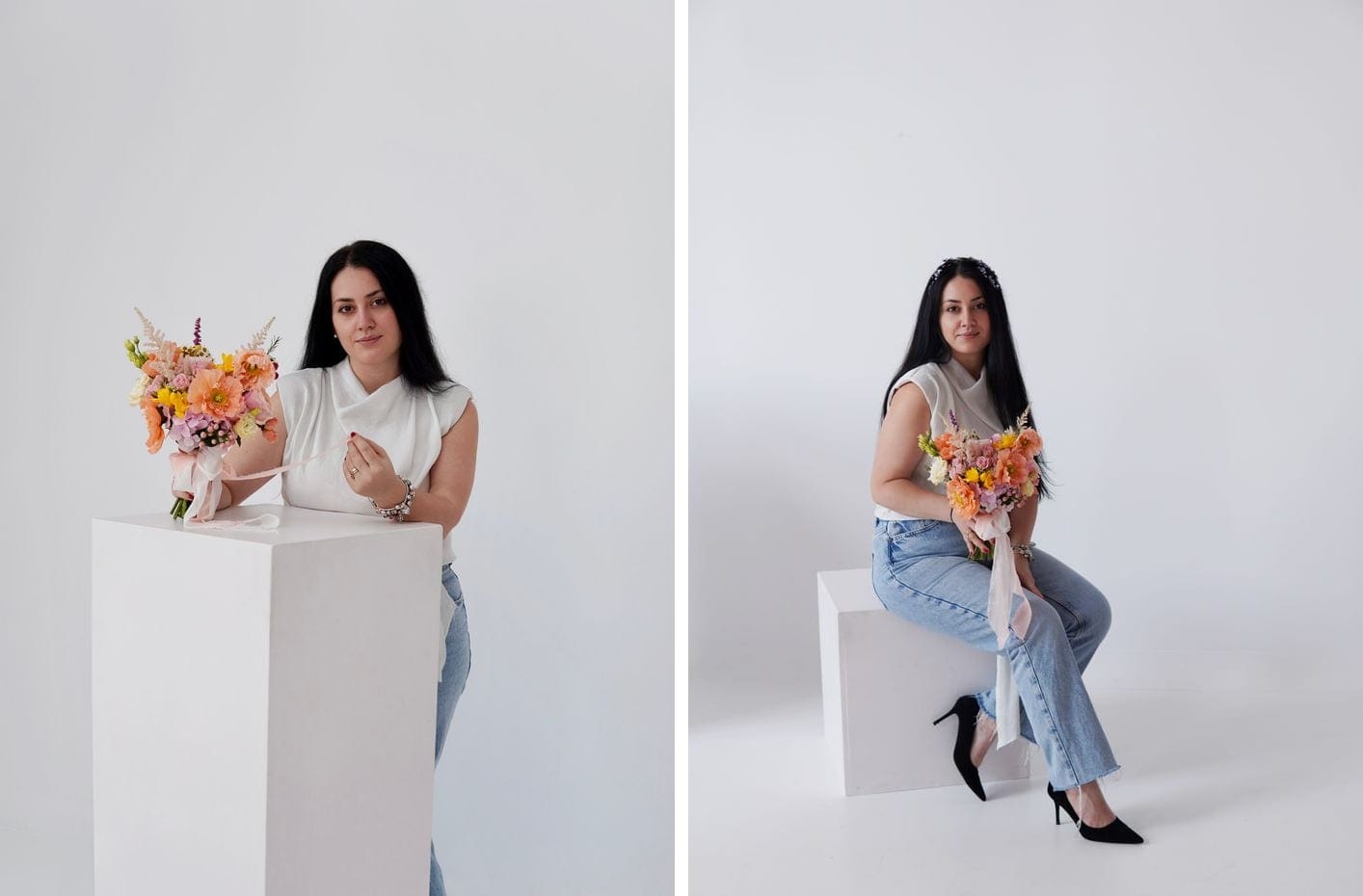 Două portrete în studio alb, cu un buchet de flori de vară