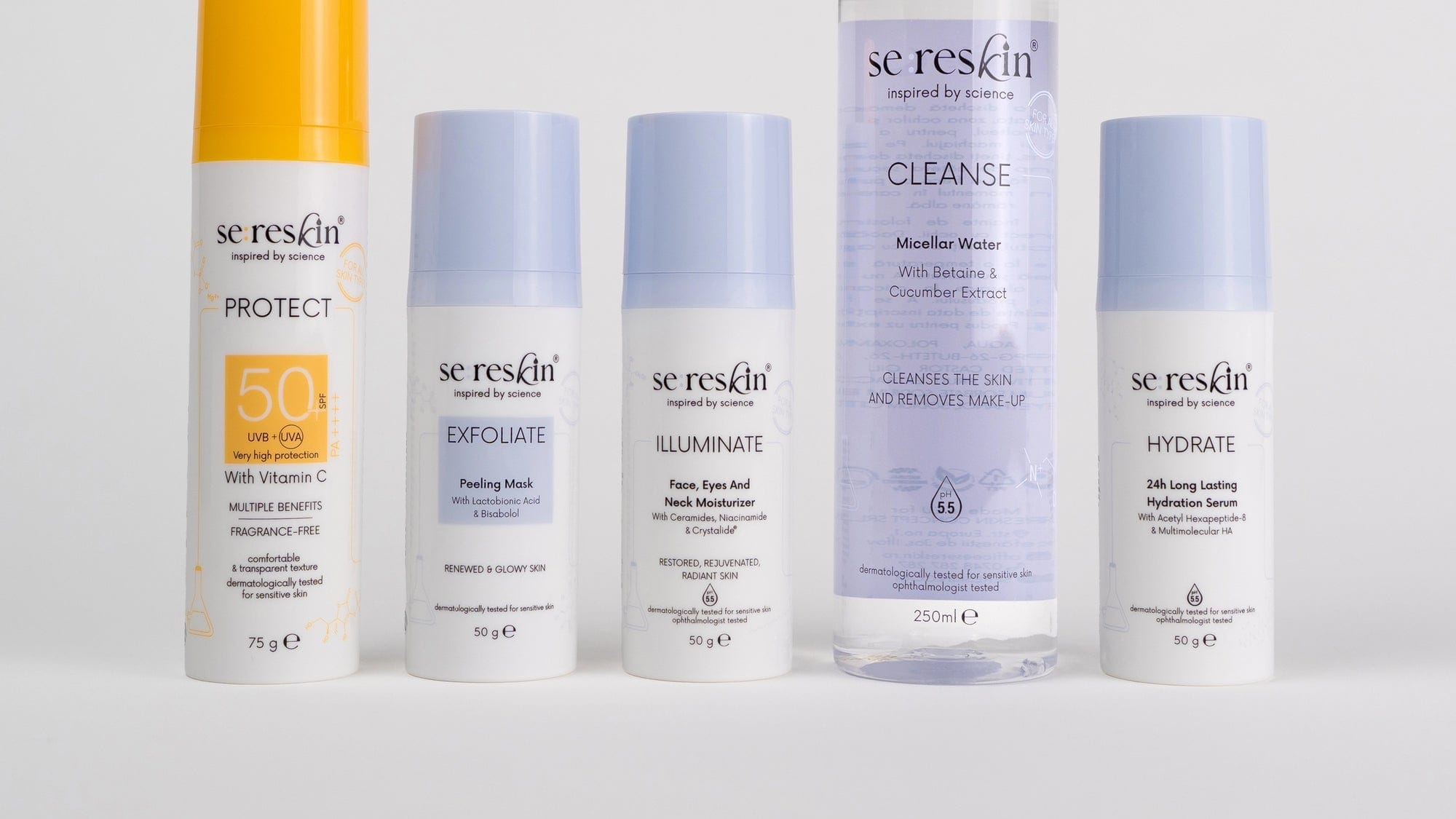 Produse Sereskin aliniate: spumă de curățare, seruri, cremă și protecție solară