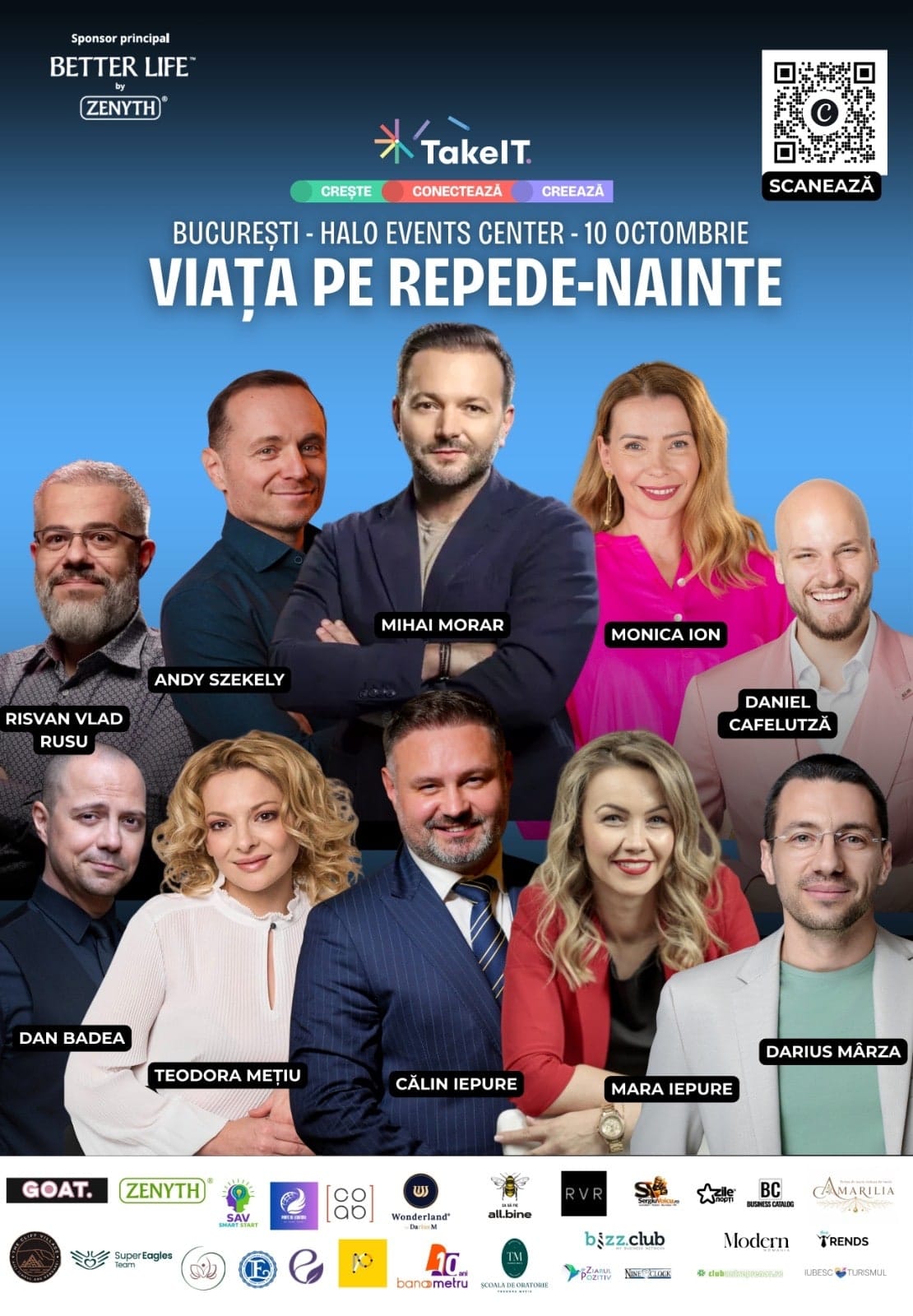 Afișul evenimentului „Viața pe repede-nainte”: București, Halo Events Center, 10 octombrie, cu invitații și sponsorii