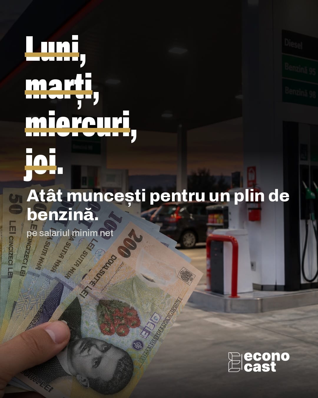 Coperta caruselului ECONOCAST: „Luni, marți, miercuri, joi. Atât muncești pentru un plin de benzină, pe salariul minim net”, cu bancnote de 200 de lei la o benzinărie.