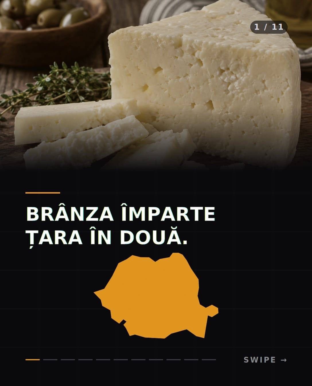 Coperta caruselului ECONOCAST: „Brânza împarte țara în două”, cu o fotografie cu telemea și harta României.
