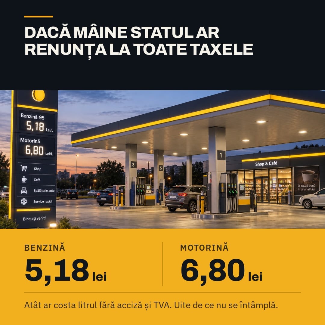 Coperta caruselului ECONOCAST: „Dacă mâine statul ar renunța la toate taxele: benzina 5,18 lei, motorina 6,80 lei. Atât ar costa litrul fără acciză și TVA”, cu ilustrația unei benzinării.