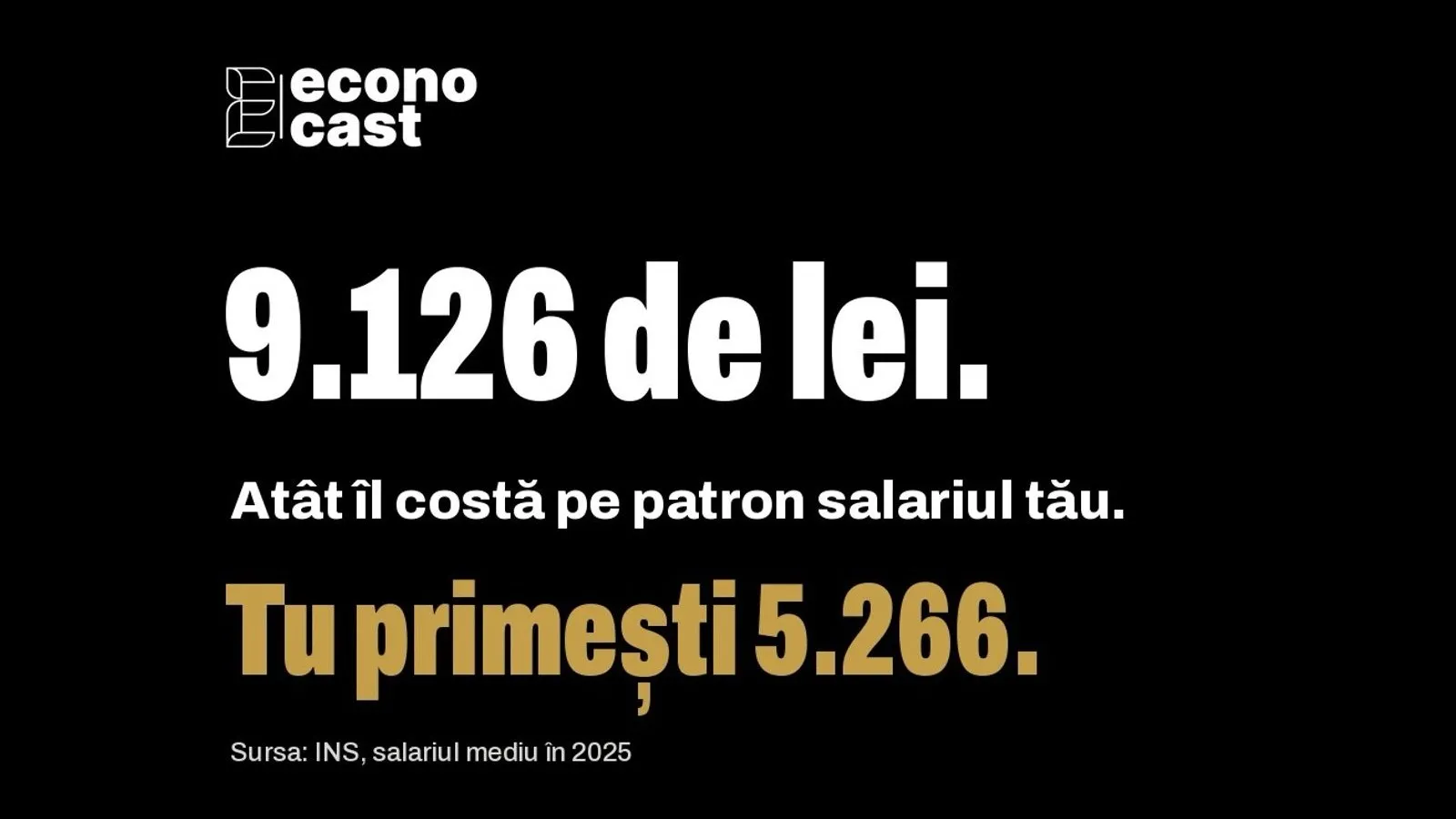 Coperta caruselului ECONOCAST: „9.126 de lei. Atât îl costă pe patron salariul tău. Tu primești 5.266”, peste imaginea unui fluturaș de salariu.