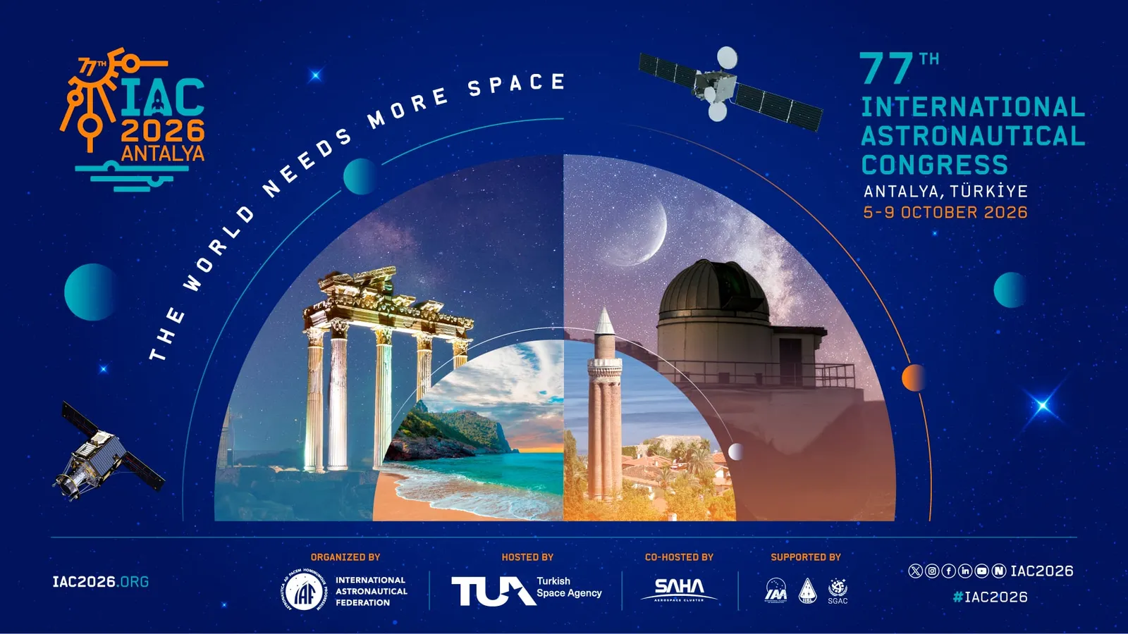 Afișul IAC 2026 Antalya: „The World Needs More Space”, cu monumente din Antalya, un observator astronomic și sateliți