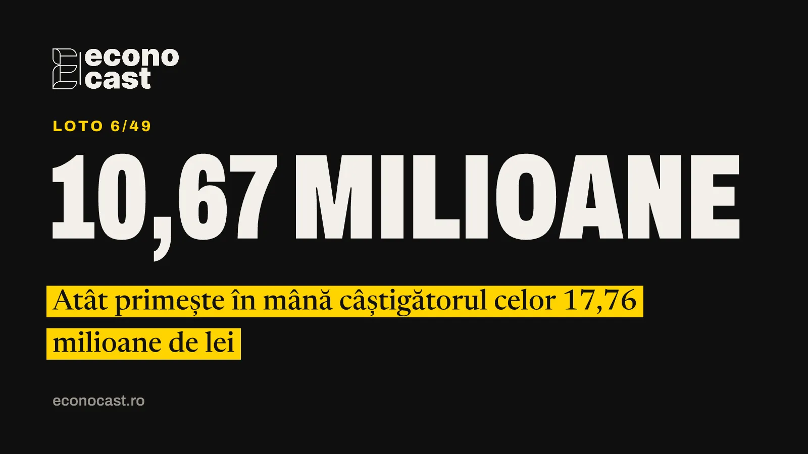 ECONOCAST Loto 6/49: din 17,76 milioane de lei, câștigătorul primește 10,67 milioane