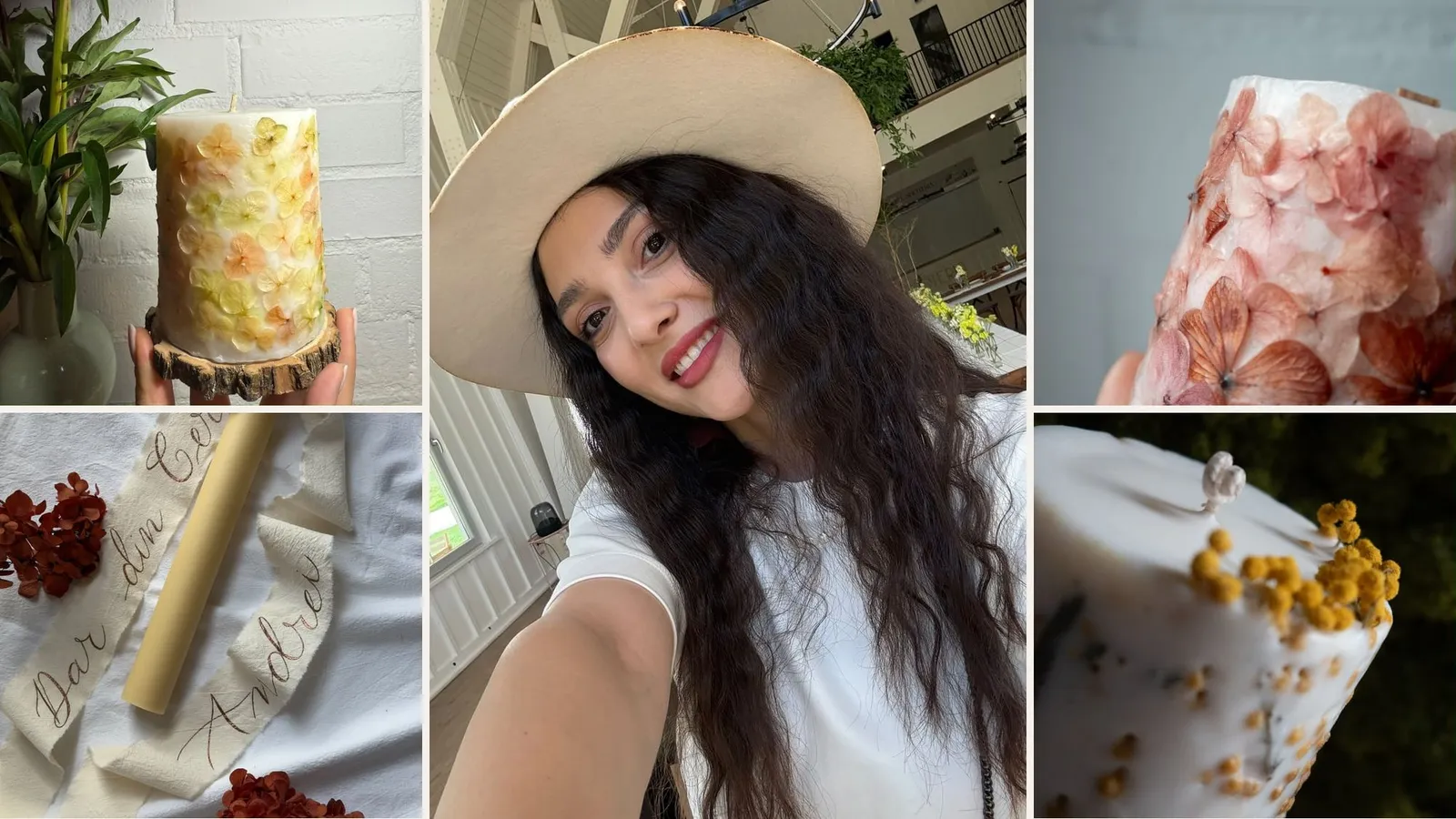 Colaj: Cristina-Emilia Ardeleanu într-un selfie cu pălărie, în mijloc, și lumânări botanice și o lumânare cu panglică scrisă de mână, pe margini