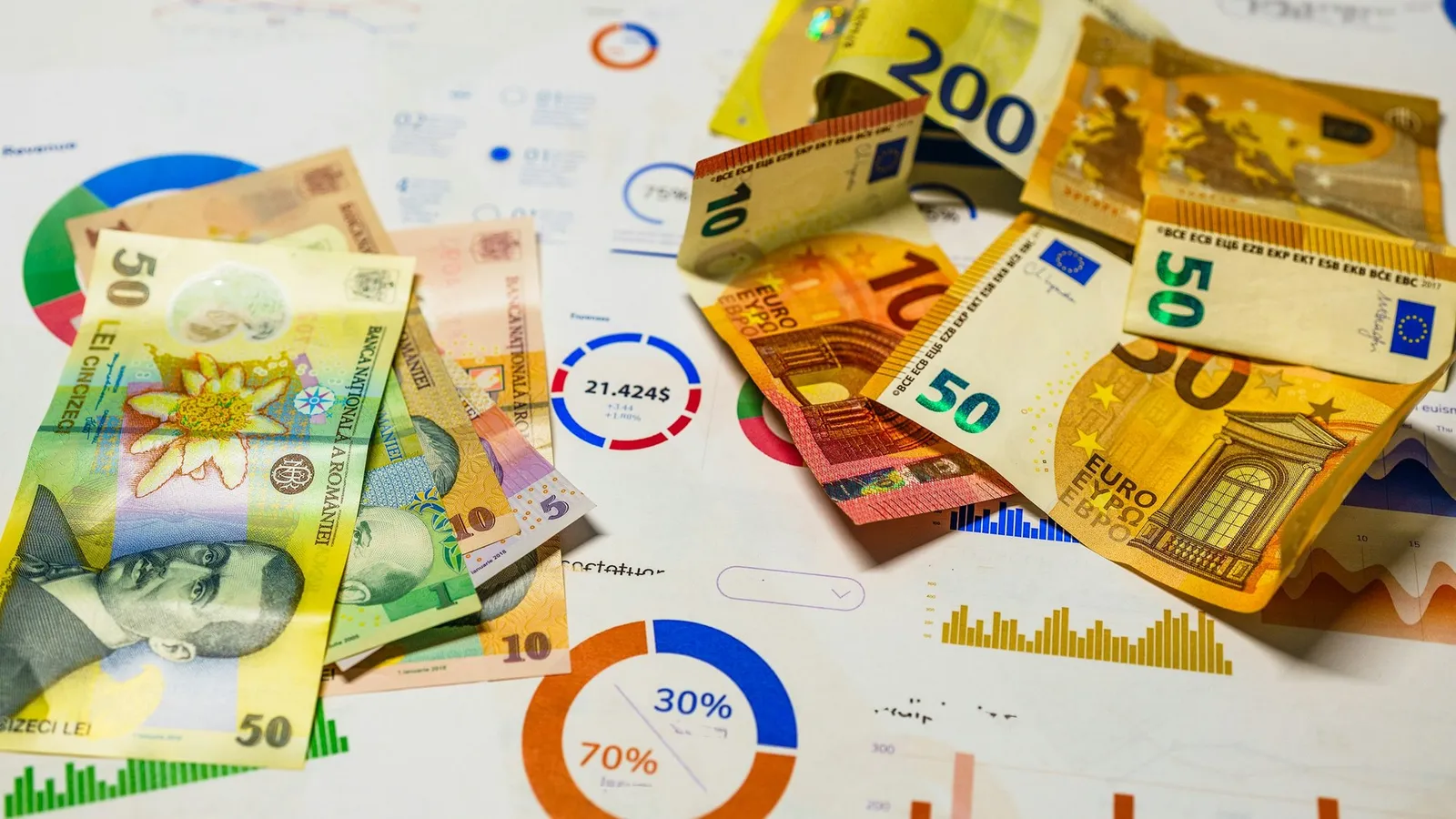 Bancnote de lei și de euro împrăștiate peste foi cu grafice financiare