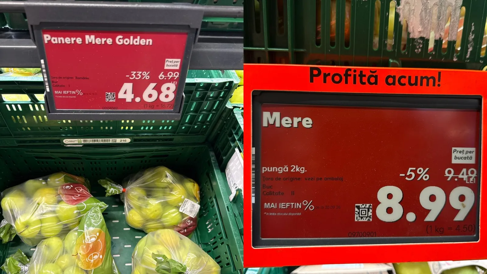 Două etichete de promoție la mere: coșuleț la 16,72 lei/kg și pungă de 2 kg la 4,50 lei/kg