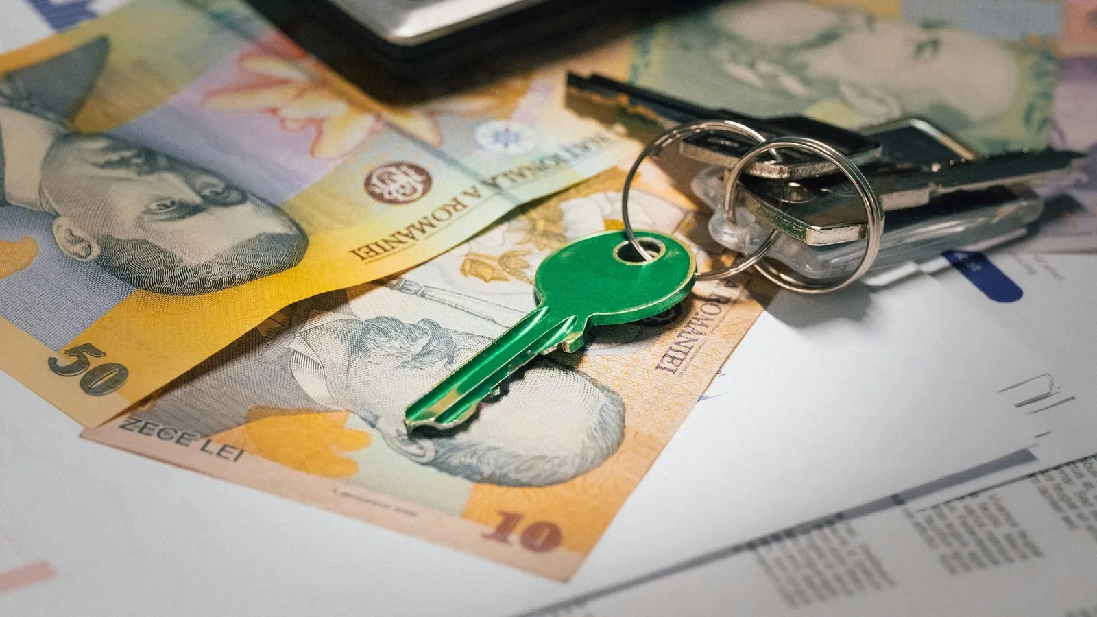 Bancnote românești de 10 și 50 de lei, chei și un calculator